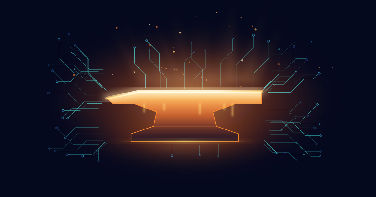 A glowing anvil, forged from circuitry — FORGE's mark, rendered as a moment of completion