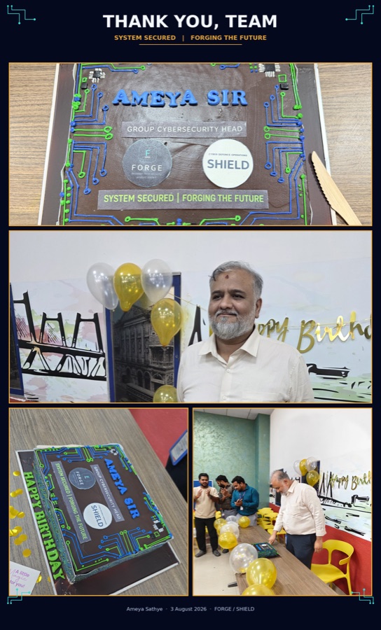 Thank you, team — a circuit-board birthday cake with FORGE and SHIELD, balloons, and the team celebrating